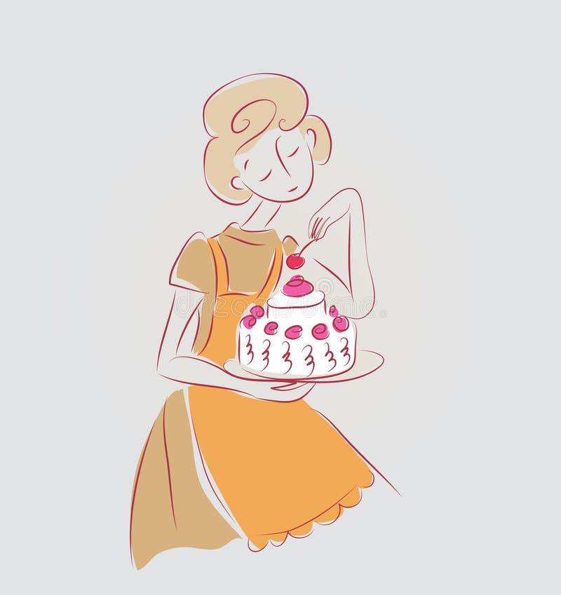 Kulinarnej dziewczyny wektorowa ilustracja z tort odizolowywającym doodle nakreśleniem ilustracja wektor Kulinarnej dziewczyny wektorowa ilustracja z tort odizolowywającym doodle nakreśleniem ilustracja wektor