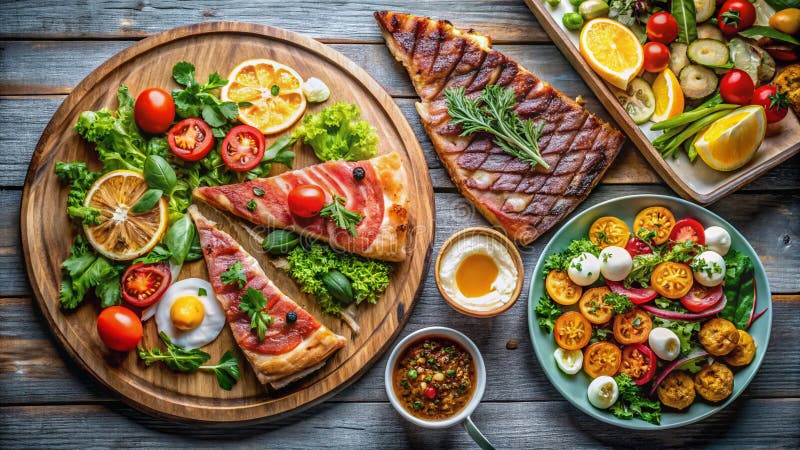Kulinarny ekstrawaganza Widok z powietrza na Gourmet Plast z angielskim śniadaniem Pizza Salmon Salad royalty ilustracja