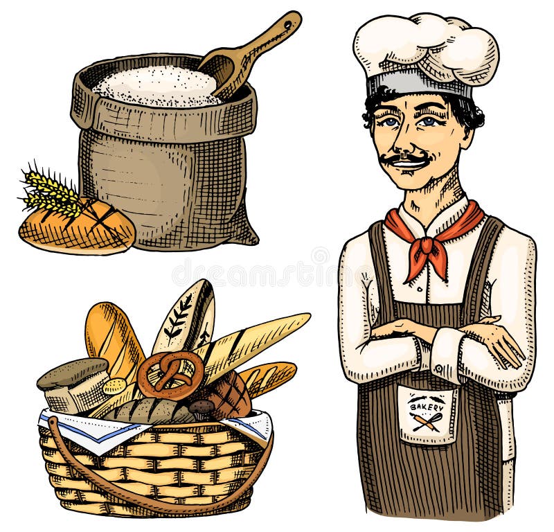 Kulinarny szef, szef kuchni kuchenka, piekarz w fartuchu Torba z mąką lub koszem grawerująca ręka rysująca w starym nakreślenie r ilustracja wektor Kulinarny szef, szef kuchni kuchenka, piekarz w fartuchu Torba z mąką lub koszem grawerująca ręka rysująca w starym nakreślenie r ilustracja wektor