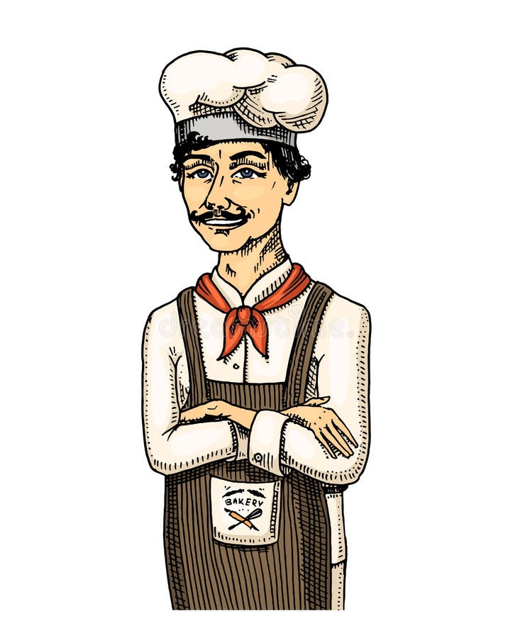 Kulinarny szef lub szef kuchni, piekarz w fartuchu grawerująca ręka rysująca w starym nakreślenia, rocznika stylu dla i wnętrze royalty ilustracja Kulinarny szef lub szef kuchni, piekarz w fartuchu grawerująca ręka rysująca w starym nakreślenia, rocznika stylu dla i wnętrze royalty ilustracja