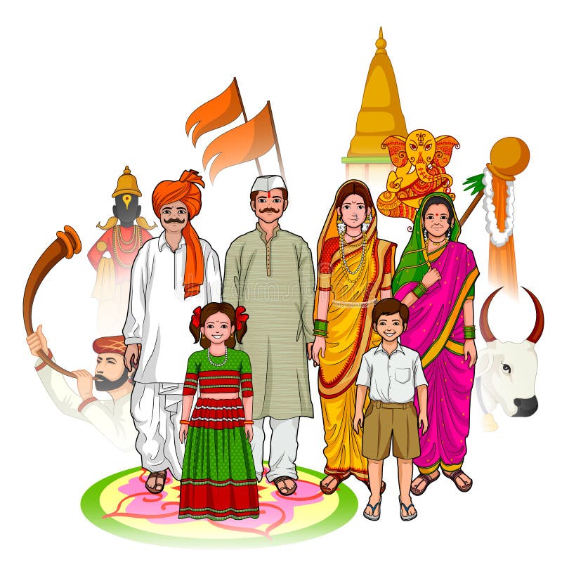 Kultur för Maharashtrian familjvisning av maharashtraen, Indien royaltyfri illustrationer Kultur för Maharashtrian familjvisning av maharashtraen, Indien royaltyfri illustrationer