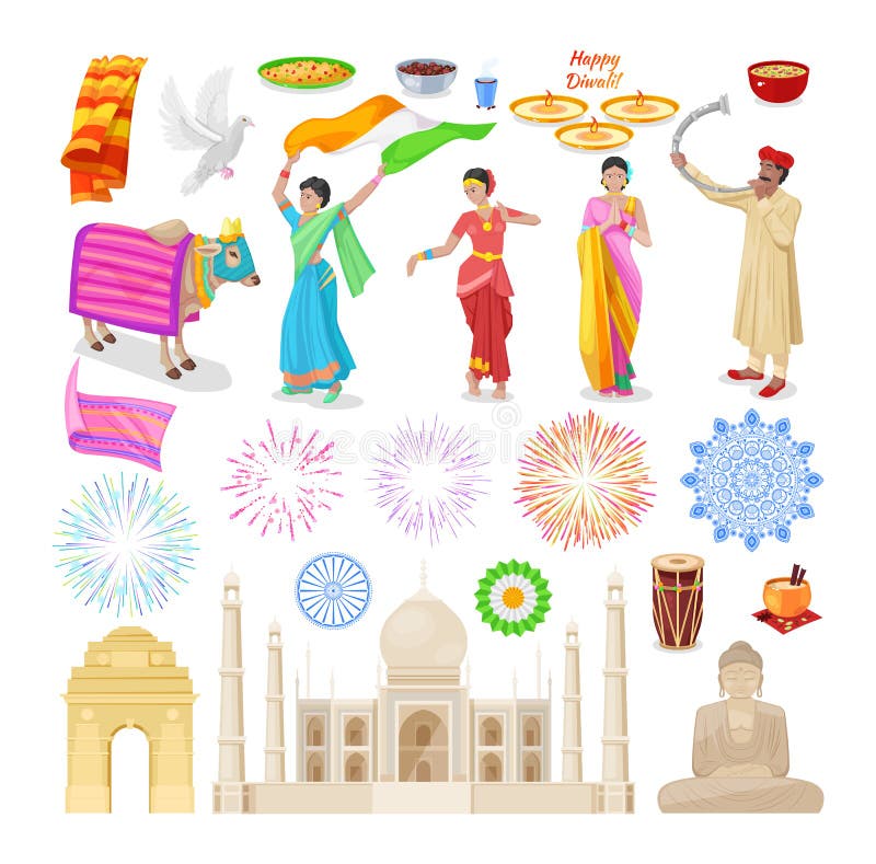 Kulturalni przedmioty India Jedzenie, pije, zaludnia, zabytki, święci zwierzęta royalty ilustracja