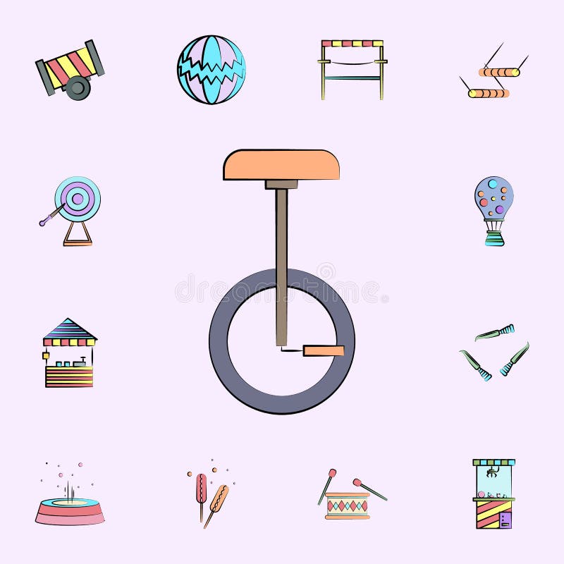 kulör symbol för enhjuling universell uppsättning för cirkussymboler för rengöringsduk och mobil stock illustrationer kulör symbol för enhjuling universell uppsättning för cirkussymboler för rengöringsduk och mobil stock illustrationer
