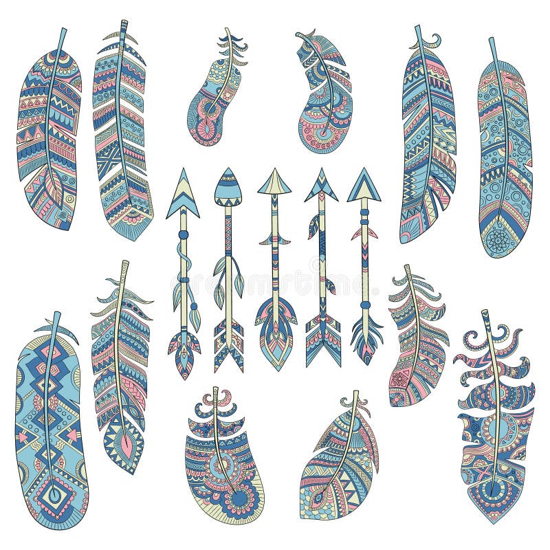 Kulöra stam- fjädrar Pil med bilder för vektor för beståndsdelar för traditionell amerikan för modell indiska kulturella dekorera