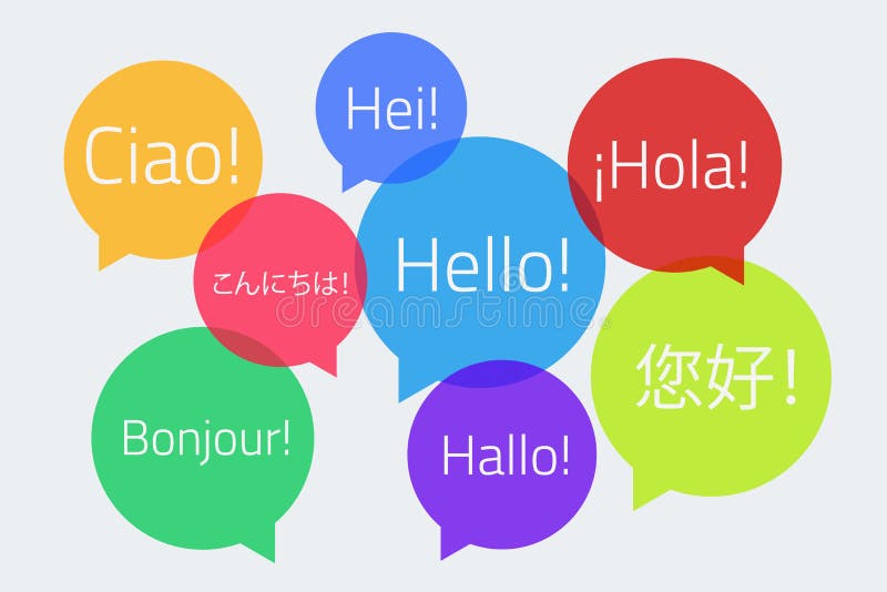 Kulört anförande bubblar med texten Hello i olikt språk