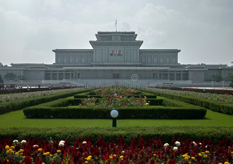 Kumsusan Palace of the Sun, the mausoleum for former North Korean leaders Kim Il Sung picture left and Kim Jong Il picture right, in Pyongyang, capital of North Korea, the Democratic People`s Republic of Korea DPRK. Kumsusan Palace of the Sun, the mausoleum for former North Korean leaders Kim Il Sung picture left and Kim Jong Il picture right, in Pyongyang, capital of North Korea, the Democratic People`s Republic of Korea DPRK.