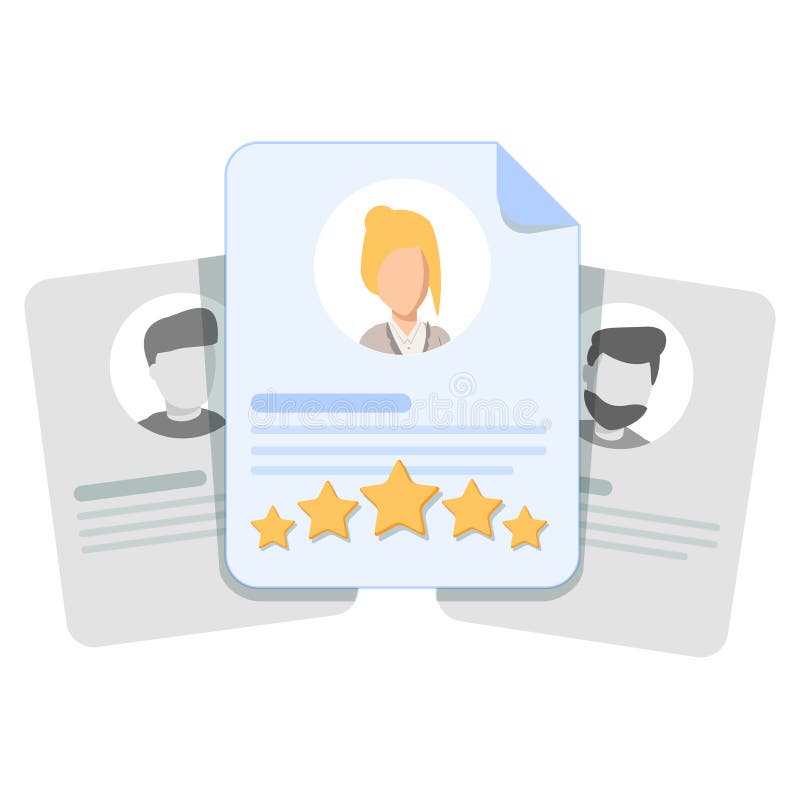 Customer review, user feedback, evaluation of an employee or a candidate for work. Card with human head, rating stars and shot review. Cute cartoon illustration concept. Flat outline design. Customer review, user feedback, evaluation of an employee or a candidate for work. Card with human head, rating stars and shot review. Cute cartoon illustration concept. Flat outline design.