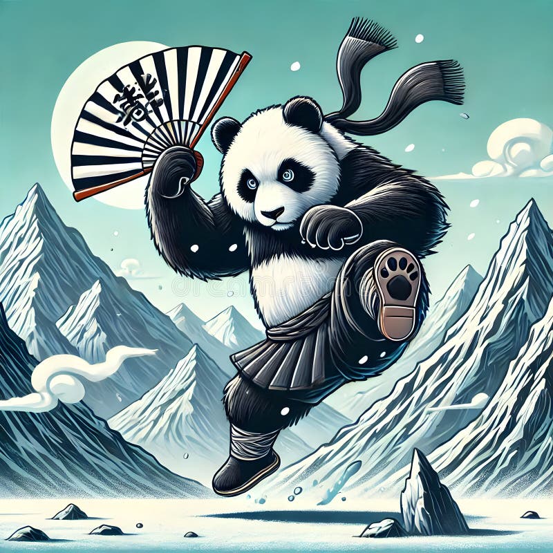 Kung fu panda walczy w śnieżnych górach z fanem ilustracja wektor