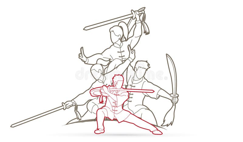 Kung Fu, Wushu z kordzikami, grupa ludzi pozy kung fu akcji walcz? ca grafika royalty ilustracja