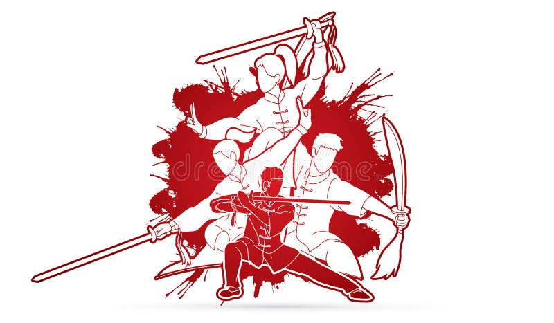 Kung Fu, Wushu z kordzikami, grupa ludzi pozy kung fu akcji walcząca grafika royalty ilustracja