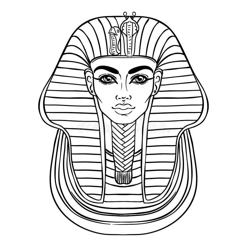 Kung tutankhamun mask gammal egyptisk pharaoh. illustration av handritad vektorkontur. tatueringsflashtröja