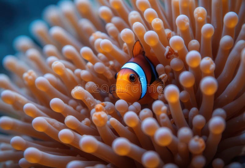 Kungfisk som simmar bland vibranta anemontentakler på havets djup stock illustrationer