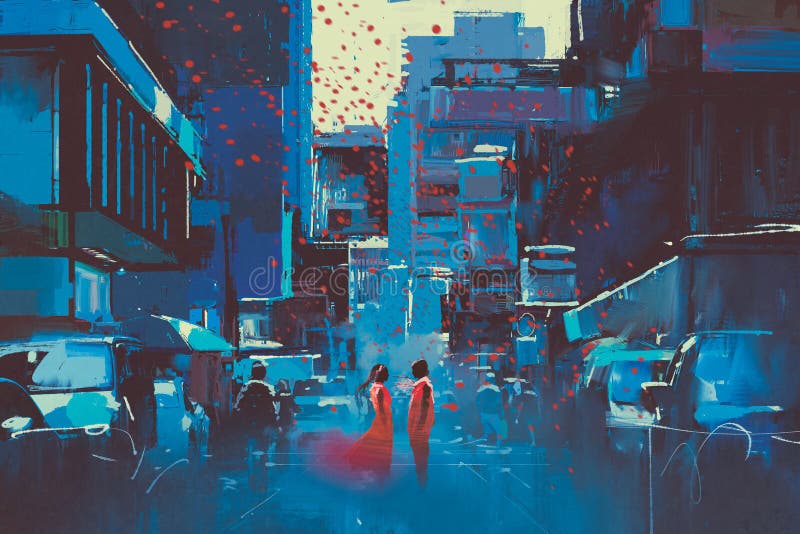 Kunst van liefdepaar in blauwe stad vector illustratie Kunst van liefdepaar in blauwe stad vector illustratie