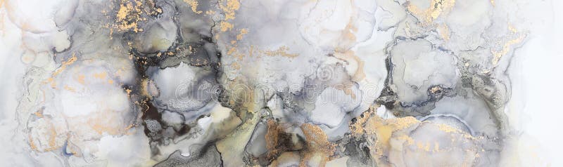 Kunstfotografie van abstract vloeistofschilderij met alcoholinkt zwarte grijs en gouden kleuren