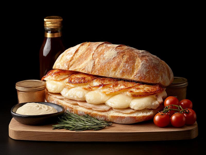 Kunsthandwerker Brotlaib goldene Krustkäse Scheiben auf Holzschnitttafel Ahornsirup Flasche mit rustikalen hausgemachten Betonung vektor abbildung