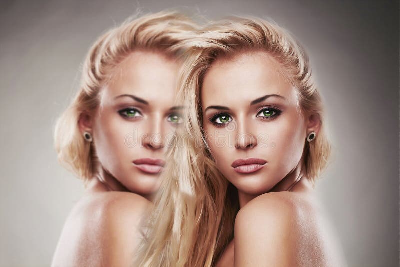 Art portrait of young beautiful woman.Sexy Blond girl. two girls in one effect. Art portrait of young beautiful woman.Sexy Blond girl. two girls in one effect