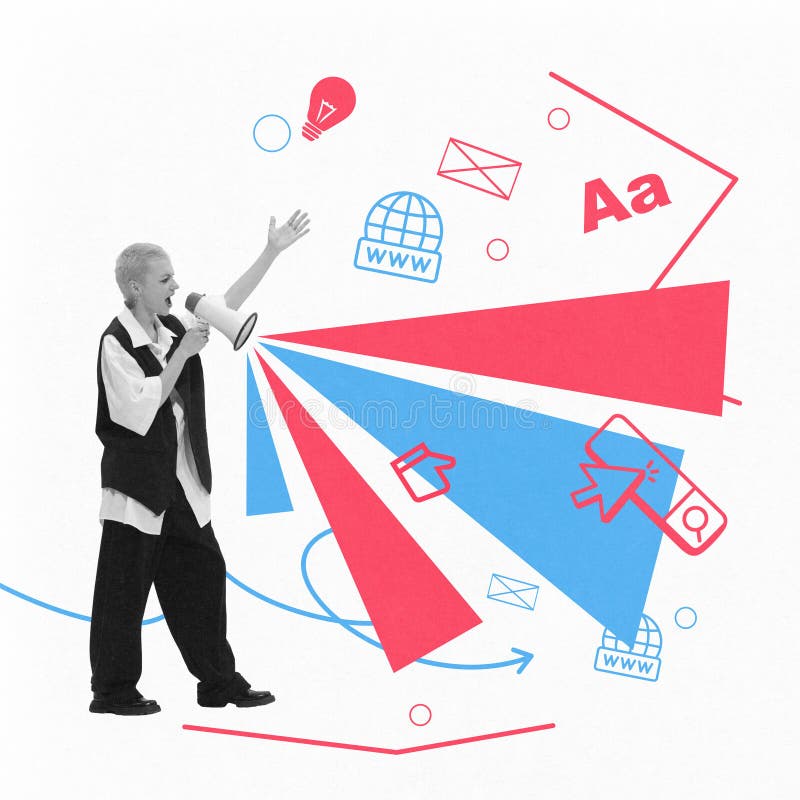 Kunstsammlung. Lautsprecher mit Megaphon umgeben von farbigen digitalen Icons, die innovative stockbilder
