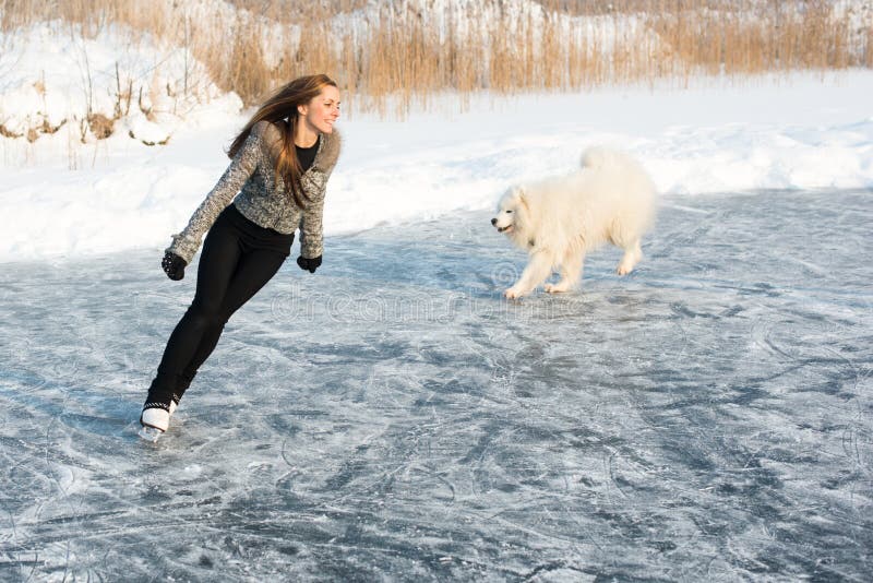 Young Figure skating woman with dog Samoyed at the frozen lake in the winter. Young Figure skating woman with dog Samoyed at the frozen lake in the winter