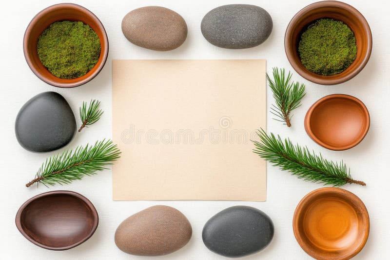 Kunstvoll gestaltete flache Lagen mit mossbedeckten Steinen, erdigen Keramikschalen aus gealtertem Papier und einem Kiefernzweig f vektor abbildung