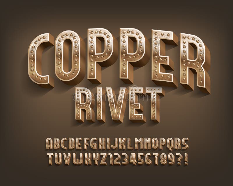 Copper Rivet alphabet font. Steampunk threadbare letters and numbers. Stock vector typescript for your design. Copper Rivet alphabet font. Steampunk threadbare letters and numbers. Stock vector typescript for your design.