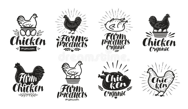 Kurczak etykietki set Jedzenie, farma drobiu, mięso, jajeczna ikona lub logo, Literowanie wektoru ilustracja royalty ilustracja Kurczak etykietki set Jedzenie, farma drobiu, mięso, jajeczna ikona lub logo, Literowanie wektoru ilustracja royalty ilustracja