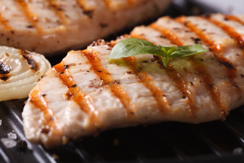 Kurczak pierś z cebulami i basilem na grillu makro- zdjęcia stock Kurczak pierś z cebulami i basilem na grillu makro- zdjęcia stock