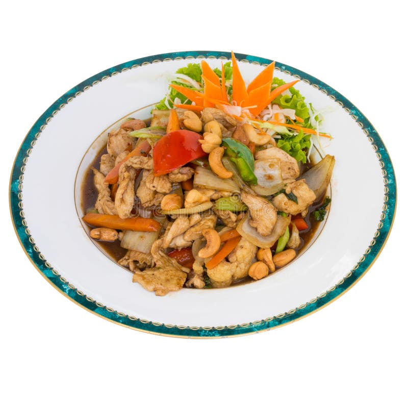 Kurczak z cashewnuts miesza dłoniaka odizolowywającego na bielu obraz stock Kurczak z cashewnuts miesza dłoniaka odizolowywającego na bielu obraz stock
