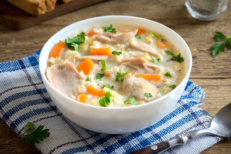 Chicken and Wild Rice Soup. Homemade fresh creamy soup with chicken, vegetables and wild rice in white bowl close up. Chicken and Wild Rice Soup. Homemade fresh creamy soup with chicken, vegetables and wild rice in white bowl close up.