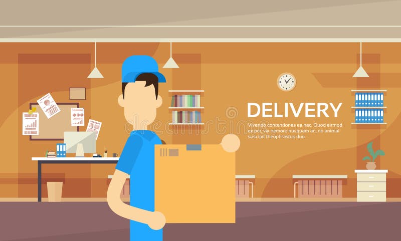 Kurier-Man Hold Box-Lieferungs-Paket-Beitrags-Service-Lager-Innenraum lizenzfreie abbildung