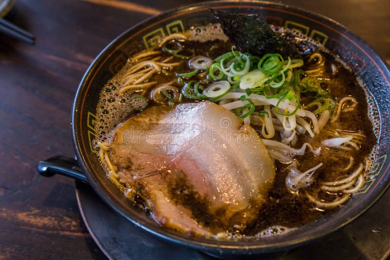 Kuro Tonkotsu Ramen with Chashu Pork and Bean Sprout. Stock Photo