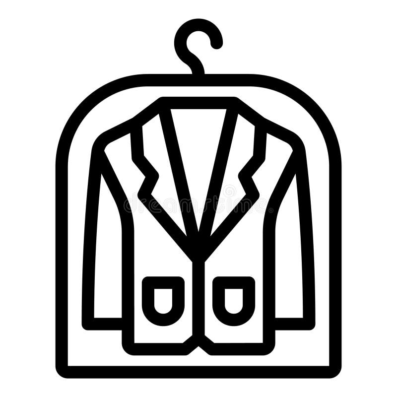 Kurtka w plastikowej torebce na linii wieszaka koncepcja usługi prania. Grafika wektorowa. Ubrania i pranie na sucho znaku. Ubrania do prania na sucho znak mycia na białym tle ruchome lub projektowe.