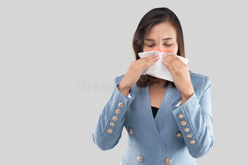 Illustration of nasal cavity and sinus on the face of a woman against a gray background and Space left side. The Female holds tissue cover her nose. The concept of medical treatment and healthcare. Illustration of nasal cavity and sinus on the face of a woman against a gray background and Space left side. The Female holds tissue cover her nose. The concept of medical treatment and healthcare