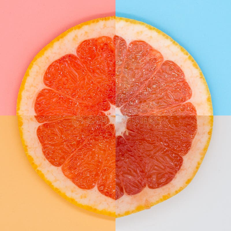 Four quarters of grapefruit on various colored backgrounds arranged. Four quarters of grapefruit on various colored backgrounds arranged