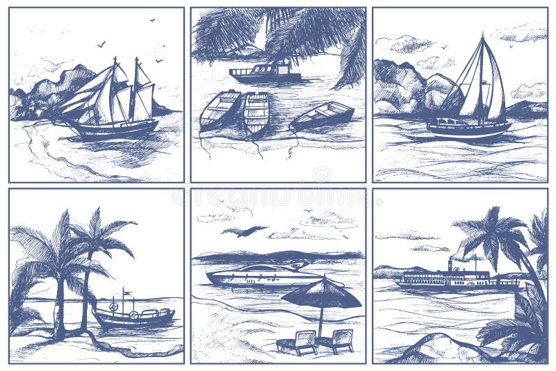 Kuststrand met palmen die boten op schepen van de de krabbelstijl van de horizon de vectorschets hand getrokken op overzeese illu vector illustratie Kuststrand met palmen die boten op schepen van de de krabbelstijl van de horizon de vectorschets hand getrokken op overzeese illu vector illustratie