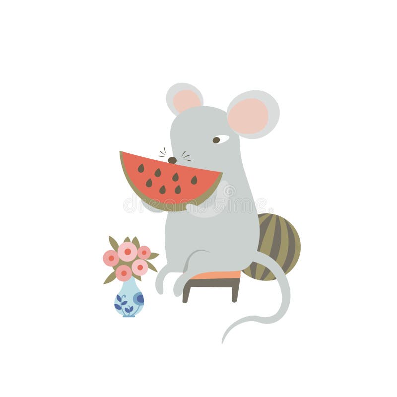 Kute muis die watermeloen eet Funny cartoon rat houdt watermeloenslapper vast Gehumaniseerd symbool van de Chinese dierentuin van stock illustratie Kute muis die watermeloen eet Funny cartoon rat houdt watermeloenslapper vast Gehumaniseerd symbool van de Chinese dierentuin van stock illustratie