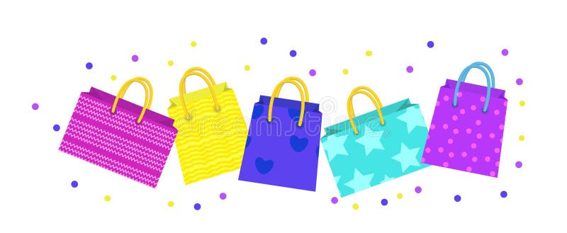 Kute shopping bag banner Kleurenwinkeltassen met een ander ontwerpbord Cadeaupakket met ruimte voor tekst Vector royalty-vrije illustratie Kute shopping bag banner Kleurenwinkeltassen met een ander ontwerpbord Cadeaupakket met ruimte voor tekst Vector royalty-vrije illustratie