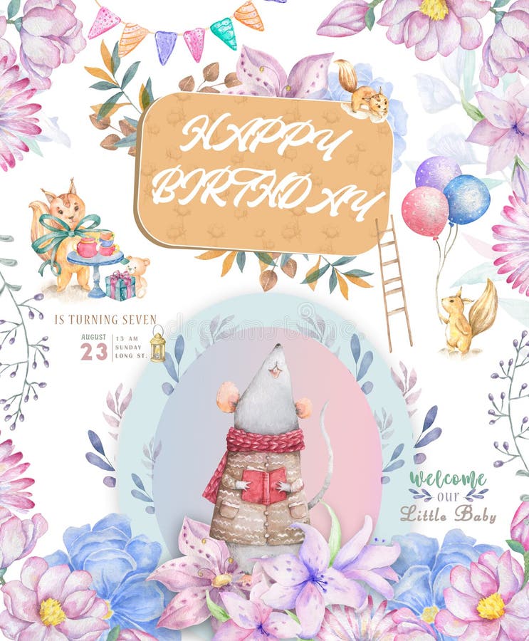 Kute watercolor kleine muissonger-cartoon handtekeningen, ontwerp van modedruk, viering van een babydouche stock illustratie Kute watercolor kleine muissonger-cartoon handtekeningen, ontwerp van modedruk, viering van een babydouche stock illustratie