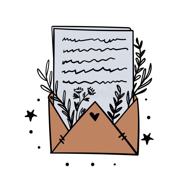Kuvert med bokstav och grenar av växter med blad, illustration magisk symbol för häxkonturteckning vektor illustrationer
