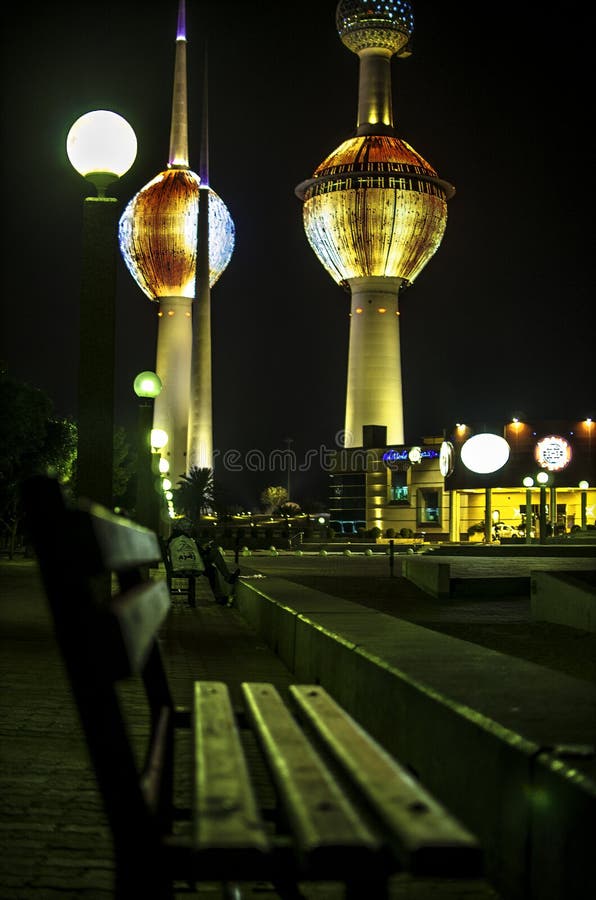 Kuwait Towers at night editorial image. Image of financial 94350235