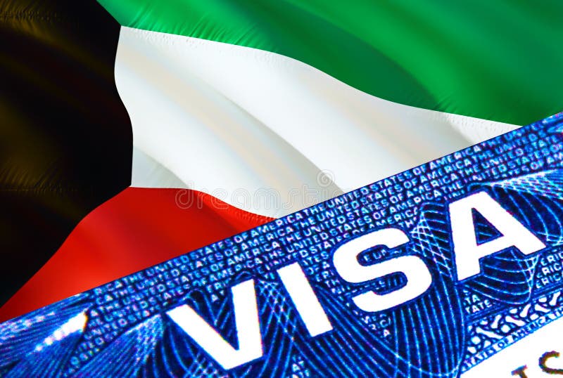 Kuwait visa document close up. Passport visa on Kuwait flag. Kuwait visitor visa in passport,3D rendering. Kuwait multi entrance vector illustration