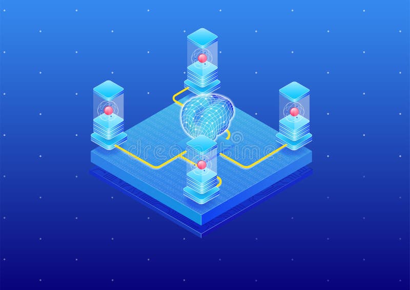 Kvantdatorkraft och artificiell intelligens som nästa generations IT-koncept. Iometrisk 3d-vektorillustration av kvantkomp royaltyfri illustrationer