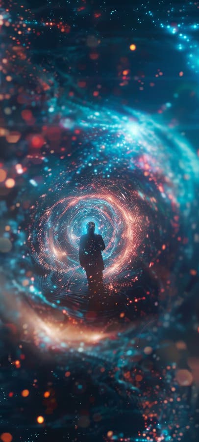 Kvantkryptografi som säkrar teleportörer i smarta städer, nanomedicinsk revolution som rymdturister använder för cyberkrigföring royaltyfri illustrationer