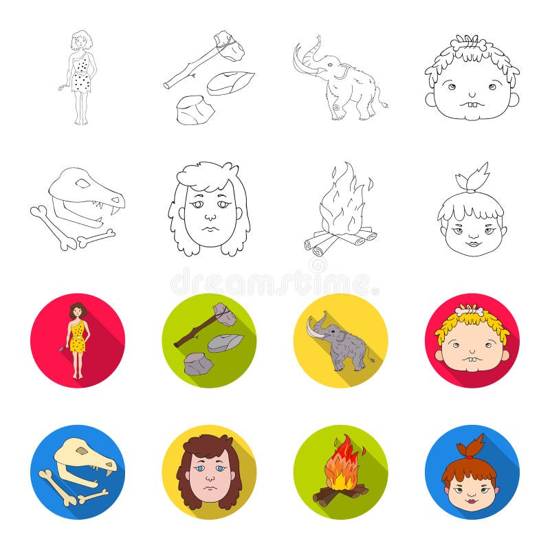 Kvinna hår, framsida, brasa Symboler för samling för uppsättning för stenålder i översikten, rengöringsduk för illustration för m royaltyfri illustrationer