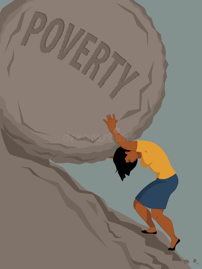 Woman pushing a rock with the word poverty written on it uphill, vector illustration, no transparencies, EPS 8. Woman pushing a rock with the word poverty written on it uphill, vector illustration, no transparencies, EPS 8