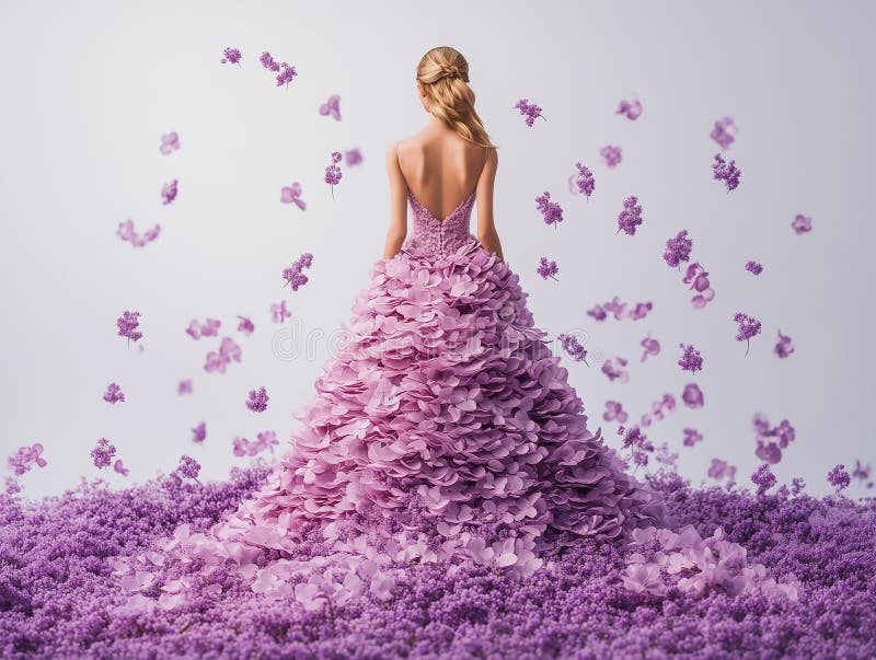 Kvinna i en lavender floral gåva som står på ett fält av sällskapsdjur vektor illustrationer