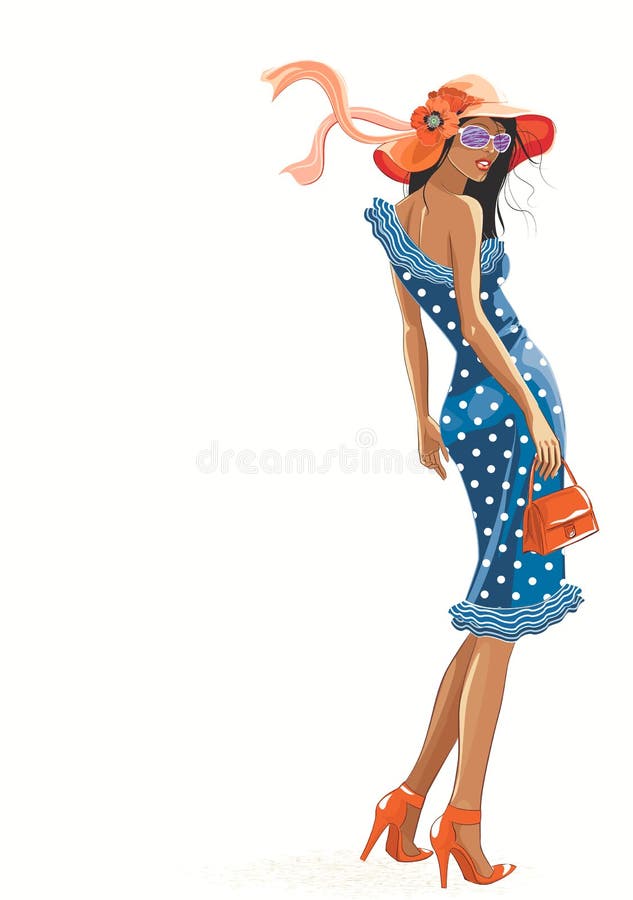 Vector illustration of a standing beautiful young woman dressed in a red hat and polka dots dress. Vector illustration of a standing beautiful young woman dressed in a red hat and polka dots dress