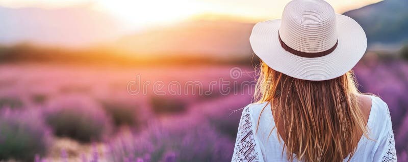 Kvinna i Hat Lavender Field Sunset Romantic Ligcape vektor illustrationer