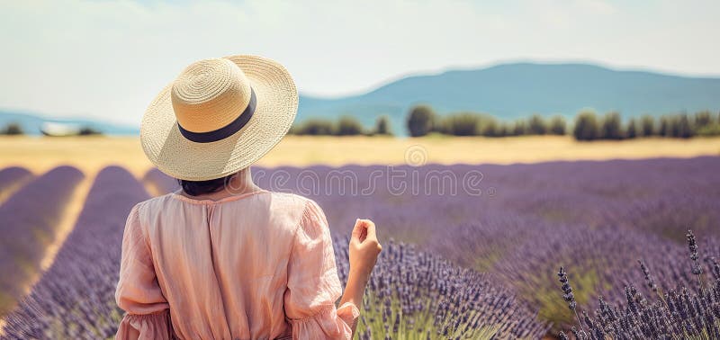 Kvinna i lavender field generative ai vektor illustrationer