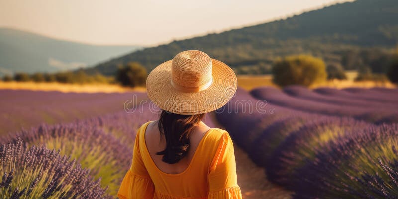 Kvinna i lavender field generative ai royaltyfri illustrationer