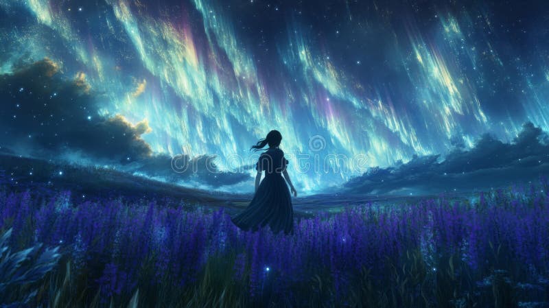 Kvinna i Lavender Field under Magic Nght Sky stock illustrationer